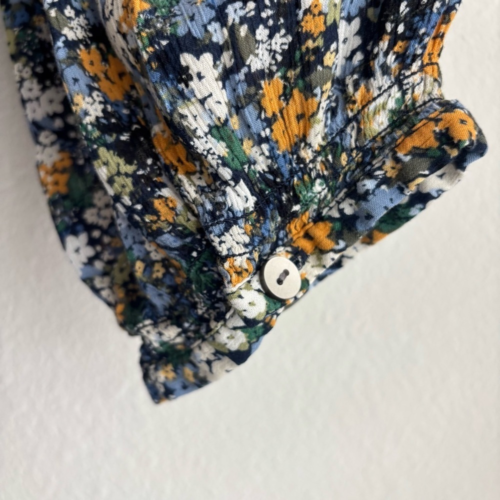 J. Jill Smocked Relaxed 100% Rayon Button Down Blouse Multicolor Wildflowers XL - Picture 8 of 9